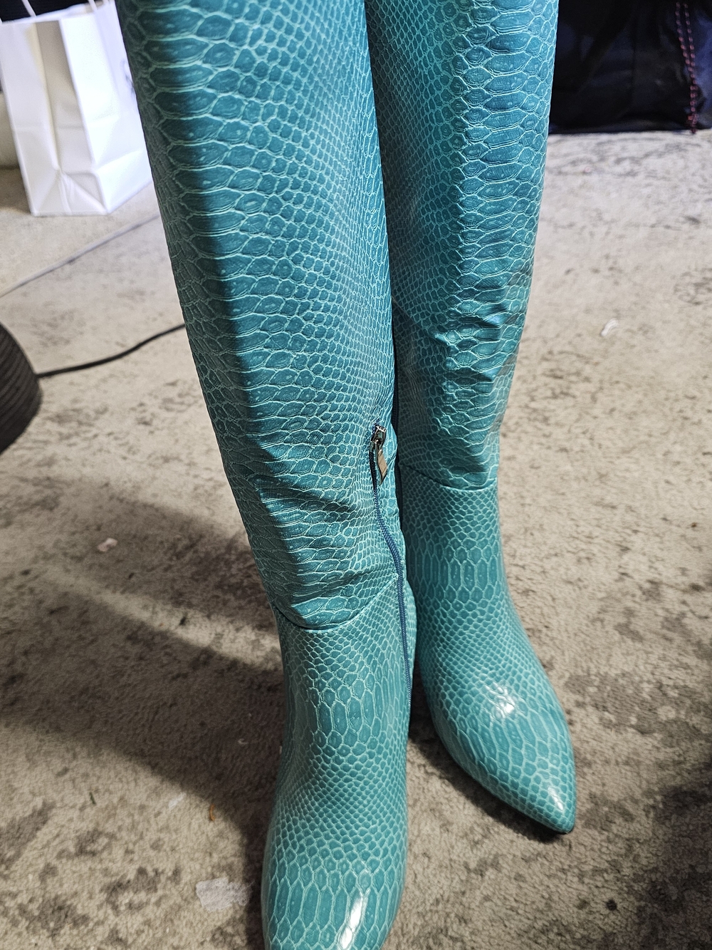 Over-the-Knee Teal Snake-Print Boots with Pointed Toe